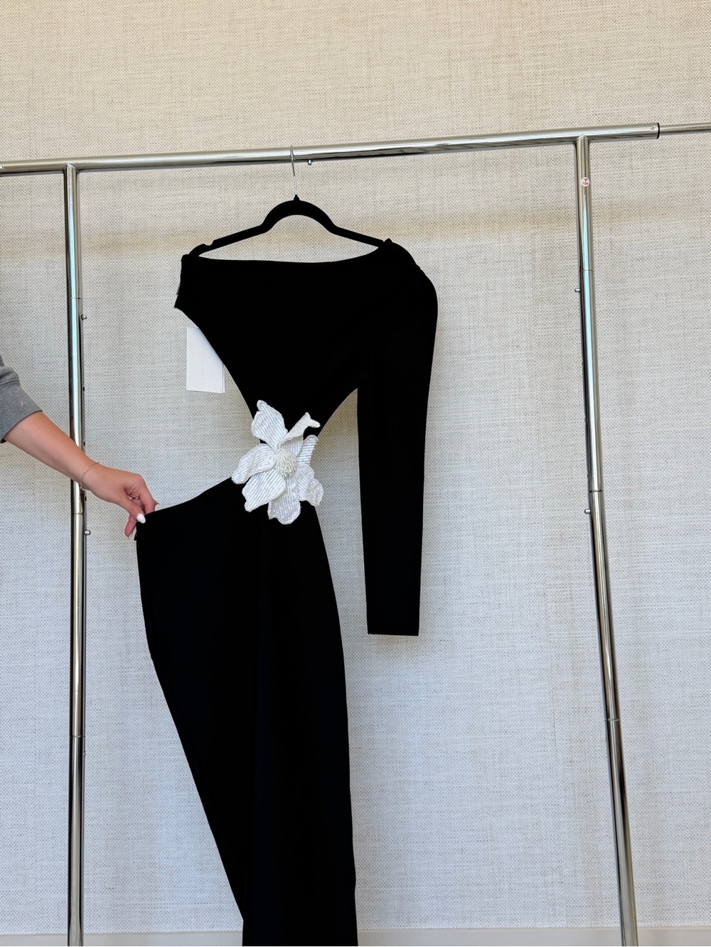 Black One-Shoulder Maxi Dress with White Floral Applique
